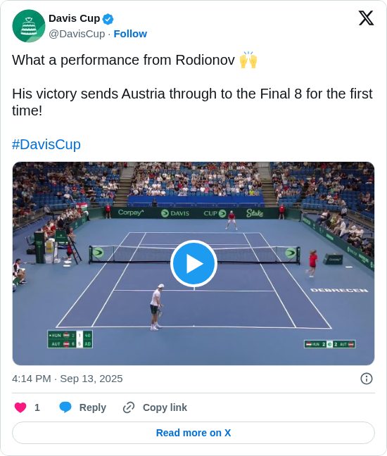 Davis Cup: What a performance from Rodionov 🙌

His victory sends Austria through to the Final 8 for the first time! 

#DavisCup https://t.co/3yyiuffiZP