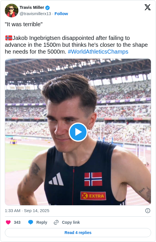 Travis Miller: "It was terrible"

🇳🇴Jakob Ingebrigtsen disappointed after failing to advance in the 1500m but thinks he's closer to the shape he needs for the 5000m. #WorldAthleticsChamps https://t.co/iwemyC6rqa