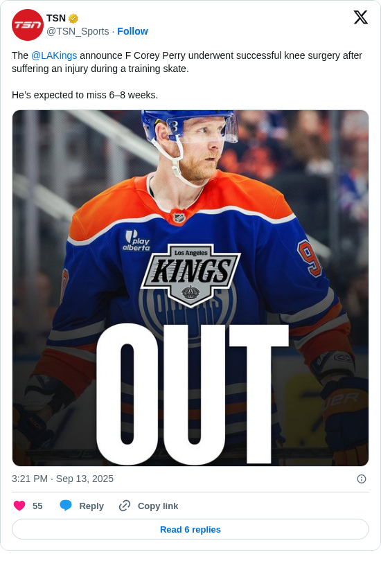 TSN: The @LAKings announce F Corey Perry underwent successful knee surgery after suffering an injury during a training skate. 

He’s expected to miss 6–8 weeks. https://t.co/OIPYWkVEvT