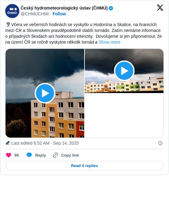 Český hydrometeorologický ústav (ČHMÚ): 🌪️Včera ve večerních hodinách se vyskytlo u Hodonína a Skalice, na hranicích mezi ČR a Slovenskem pravděpodobně slabší tornádo. Zatím nemáme informace o případných škodách ani hodnocení intenzity.  Dovolujeme si jen připomenout, že na území ČR se ročně vyskytne několik tornád a https://t.co/xCHympggZi