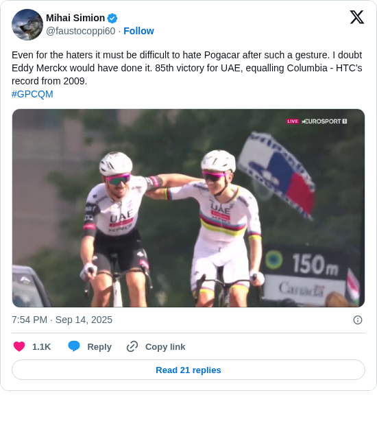 Mihai Simion: Even for the haters it must be difficult to hate Pogacar after such a gesture. I doubt Eddy Merckx would have done it. 85th victory for UAE, equalling Columbia - HTC's record from 2009. 
#GPCQM https://t.co/q3XFzXeN4t