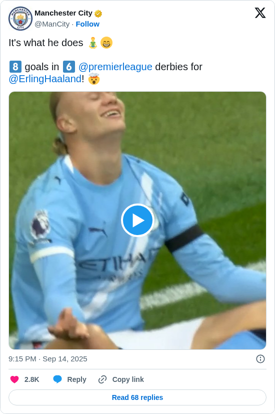Manchester City: It's what he does 🧘‍♂️😁

8️⃣ goals in 6️⃣ @premierleague derbies for @ErlingHaaland! 🤯 https://t.co/uLcISW3jbR