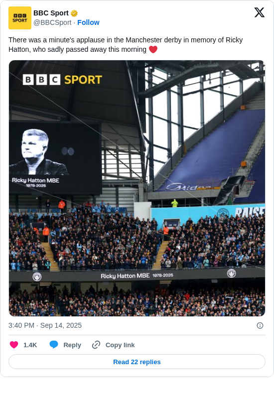 BBC Sport: There was a minute's applause in the Manchester derby in memory of Ricky Hatton, who sadly passed away this morning ❤️ https://t.co/xYkFVuhRIs