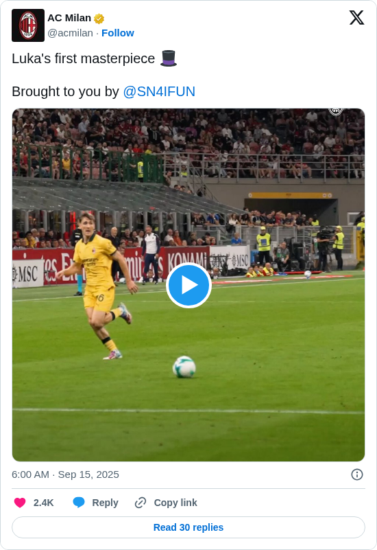 AC Milan: Luka's first masterpiece 🎩

Brought to you by @SN4IFUN https://t.co/4uebUqpfaN