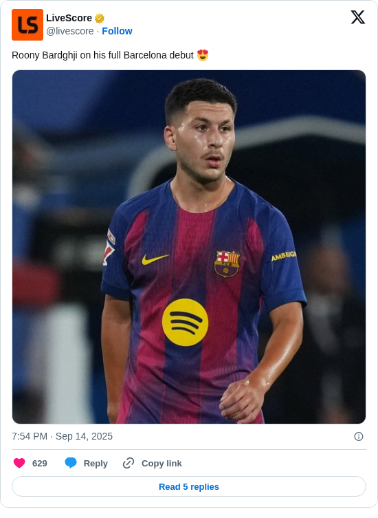 LiveScore: Roony Bardghji on his full Barcelona debut 😍 https://t.co/POPHGuyZBJ