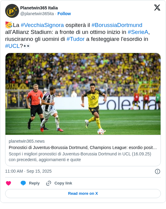 Planetwin365 Italia: 🥳La #VecchiaSignora ospiterà il #BorussiaDortmund all’Allianz Stadium: a fronte di un ottimo inizio in #SerieA, riusciranno gli uomini di #Tudor a festeggiare l'esordio in #UCL?👀
https://t.co/5UoBtkStz8