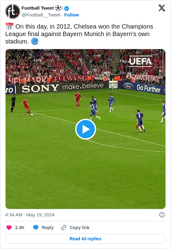 Football Tweet ⚽: 📅 On this day, in 2012, Chelsea won the Champions League final against Bayern Munich in Bayern's own stadium. 🥶

https://t.co/7BLkqT0sS7