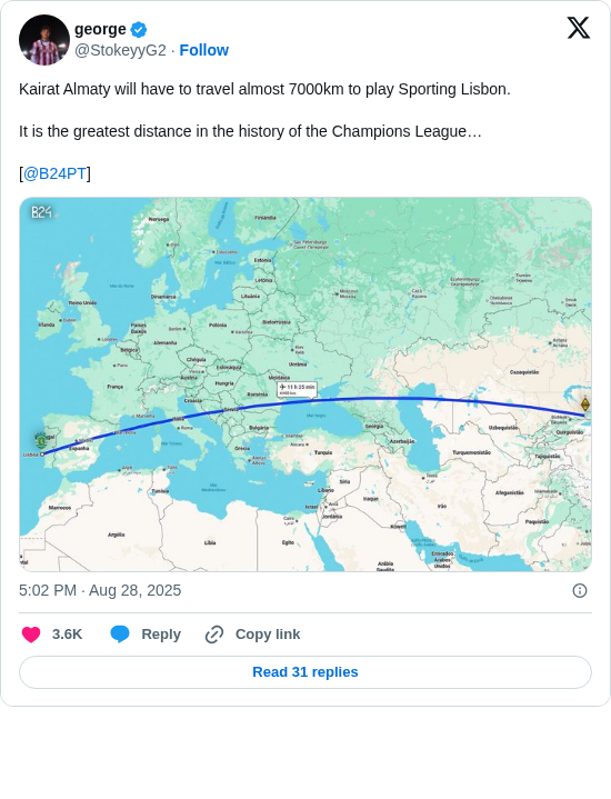 george: Kairat Almaty will have to travel almost 7000km to play Sporting Lisbon.

It is the greatest distance in the history of the Champions League…

[@B24PT] https://t.co/Z9jfwzAU5r