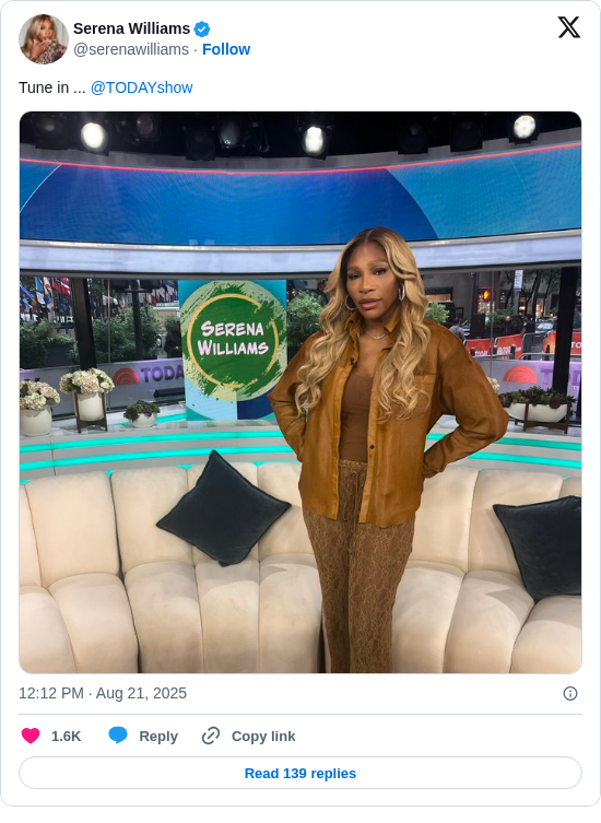 Serena Williams: Tune in ... @TODAYshow https://t.co/9Qwy7fL7Hs