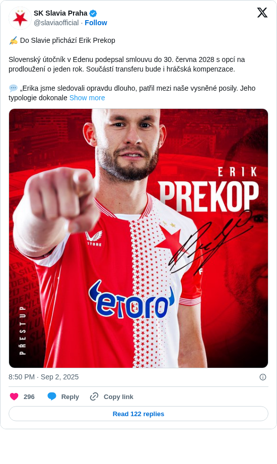 SK Slavia Praha: ✍️ Do Slavie přichází Erik Prekop

Slovenský útočník v Edenu podepsal smlouvu do 30. června 2028 s opcí na prodloužení o jeden rok. Součástí transferu bude i hráčská kompenzace.

💬 „Erika jsme sledovali opravdu dlouho, patřil mezi naše vysněné posily. Jeho typologie dokonale https://t.co/uxQtgibHQi