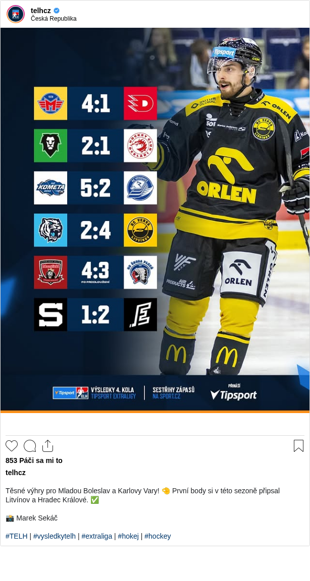 

Těsné výhry pro Mladou Boleslav a Karlovy Vary! 🤏 První body si v této sezoně připsal Litvínov a Hradec Králové. ✅

📸 Marek Sekáč

#TELH | #vysledkytelh | #extraliga | #hokej | #hockey