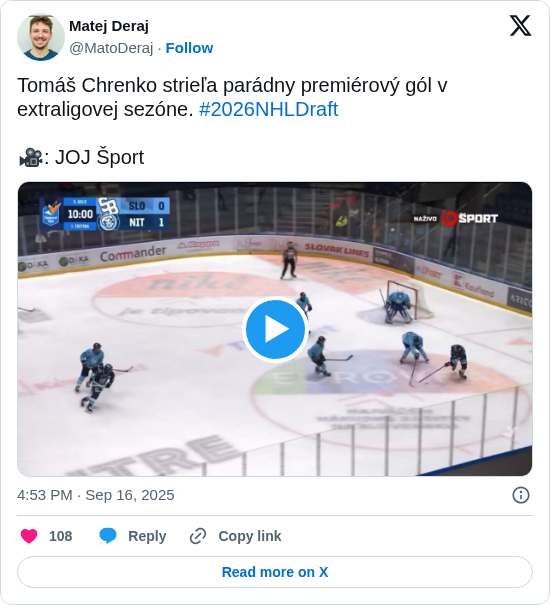 Matej Deraj: Tomáš Chrenko strieľa parádny premiérový gól v extraligovej sezóne. #2026NHLDraft

🎥: JOJ Šport https://t.co/i9b3O4qoz7