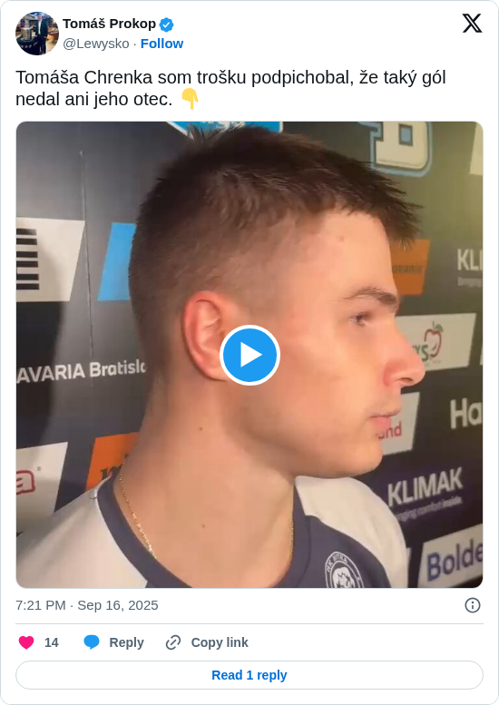 Tomáš Prokop: Tomáša Chrenka som trošku podpichobal, že taký gól nedal ani jeho otec. 👇 https://t.co/KqVhBGW6aw