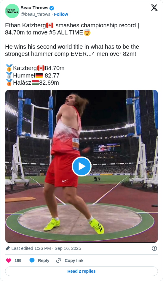 Beau Throws: Ethan Katzberg🇨🇦 smashes championship record | 84.70m to move #5 ALL TIME🤯

He wins his second world title in what has to be the strongest hammer comp EVER...4 men over 82m!

🥇Katzberg🇨🇦84.70m 
🥈Hummel🇩🇪 82.77
🥉Halász🇭🇺82.69m

https://t.co/RfHJ77jM6J