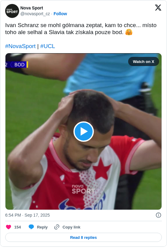 Nova Sport: Ivan Schranz se mohl gólmana zeptat, kam to chce... místo toho ale selhal a Slavia tak získala pouze bod. 🫣

#NovaSport | #UCL https://t.co/JeRhnGYsNN