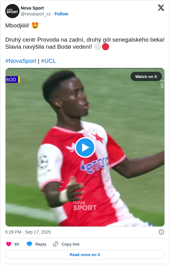 Nova Sport: Mbodjiiiii! 🤩

Druhý centr Provoda na zadní, druhý gól senegalského beka! Slavia navýšila nad Bodø vedení! ⚪🔴

#NovaSport | #UCL https://t.co/0eNS9eoSjF