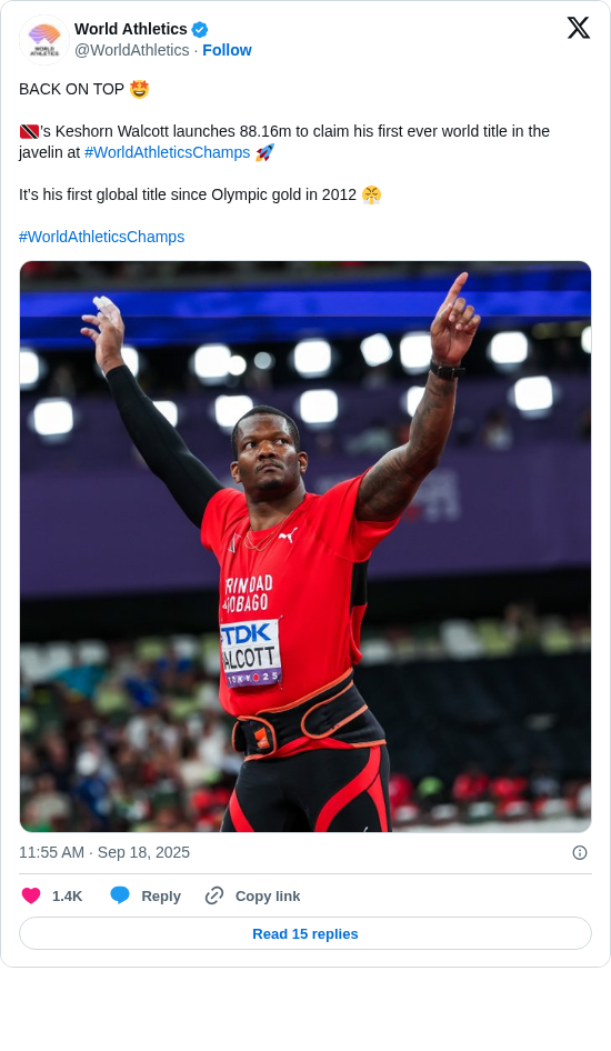 World Athletics: BACK ON TOP 🤩

🇹🇹’s Keshorn Walcott launches 88.16m to claim his first ever world title in the javelin at #WorldAthleticsChamps 🚀

It’s his first global title since Olympic gold in 2012 😤

#WorldAthleticsChamps https://t.co/JNPdcJ4thi