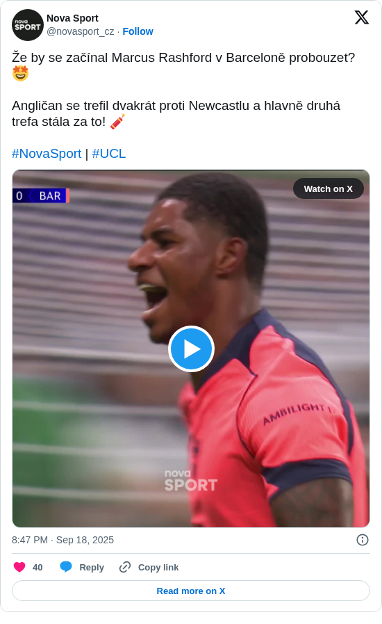 Nova Sport: Že by se začínal Marcus Rashford v Barceloně probouzet? 🤩

Angličan se trefil dvakrát proti Newcastlu a hlavně druhá trefa stála za to! 🧨

#NovaSport | #UCL https://t.co/qfCH0f99qK