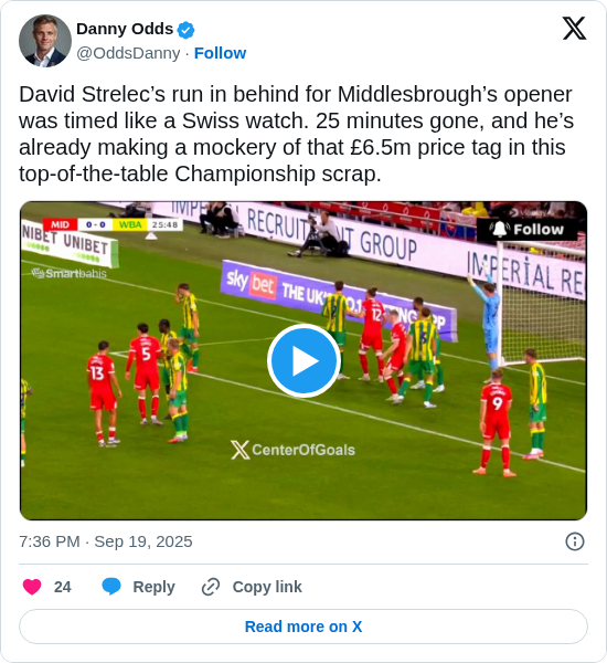 Danny Odds: David Strelec’s run in behind for Middlesbrough’s opener was timed like a Swiss watch. 25 minutes gone, and he’s already making a mockery of that £6.5m price tag in this top-of-the-table Championship scrap.

https://t.co/LDIZCentyw
