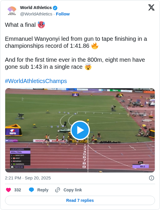 World Athletics: What a final 🥵

Emmanuel Wanyonyi led from gun to tape finishing in a championships record of 1:41.86 🔥

And for the first time ever in the 800m, eight men have gone sub 1:43 in a single race 🤯

#WorldAthleticsChamps https://t.co/xL7MBDWked