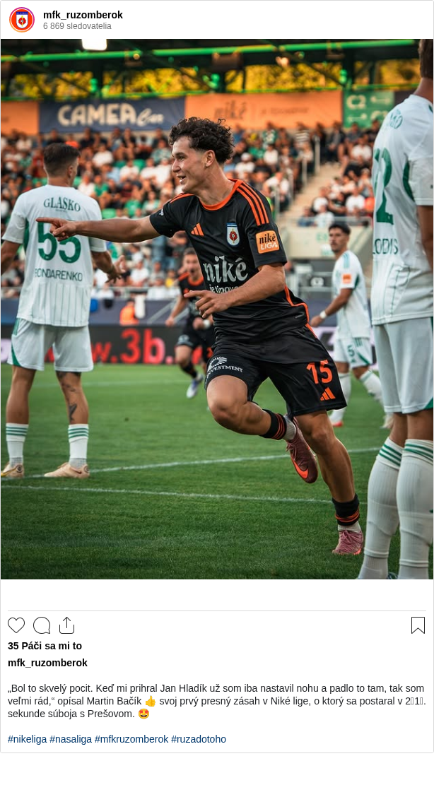 

„Bol to skvelý pocit. Keď mi prihral Jan Hladík už som iba nastavil nohu a padlo to tam, tak som veľmi rád,“ opísal Martin Bačík 👍 svoj prvý presný zásah v Niké lige, o ktorý sa postaral v 2⃣1⃣. sekunde súboja s Prešovom. 🤩

#nikeliga #nasaliga #mfkruzomberok #ruzadotoho