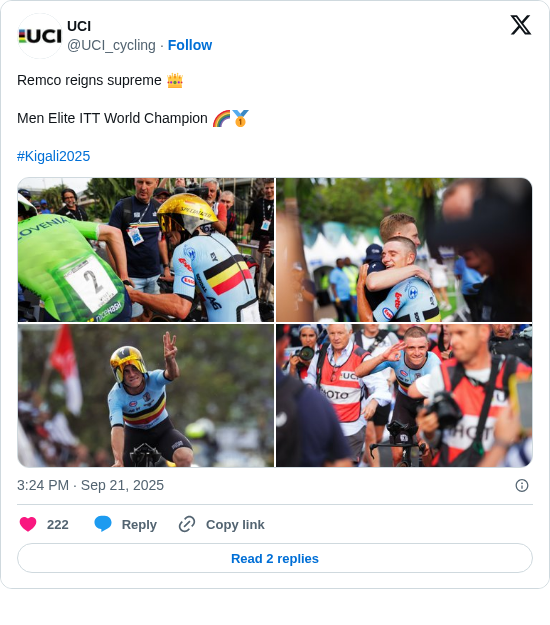 UCI: Remco reigns supreme 👑 

Men Elite ITT World Champion 🌈🥇

#Kigali2025 https://t.co/2QLVhWebNe