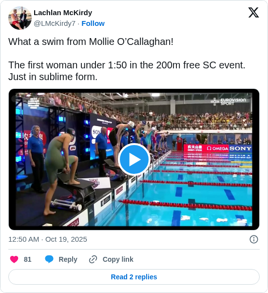 Lachlan McKirdy: What a swim from Mollie O’Callaghan! 
The first woman under 1:50 in the 200m free SC event. Just in sublime form. 
 https://t.co/AfbLziefFU