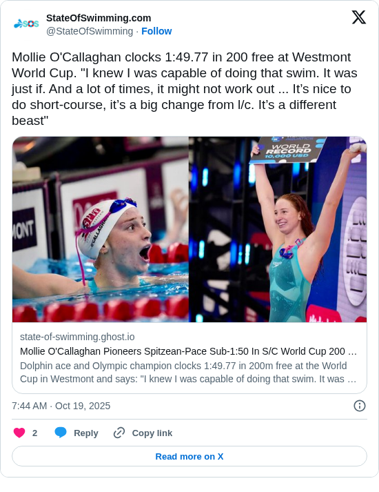 StateOfSwimming.com: Mollie O'Callaghan clocks 1:49.77 in 200 free at Westmont World Cup. "I knew I was capable of doing that swim. It was just if. And a lot of times, it might not work out ... It’s nice to do short-course, it’s a big change from l/c. It’s a different beast"
https://t.co/YcysGImdnE
