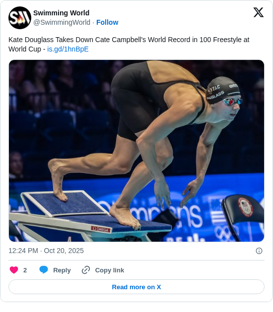 Swimming World: Kate Douglass Takes Down Cate Campbell's World Record in 100 Freestyle at World Cup - https://t.co/8cQQPna90C https://t.co/LCNJTgZB80