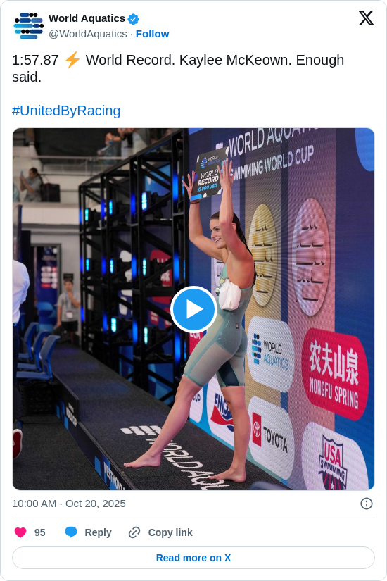 World Aquatics: 1:57.87 ⚡ World Record. Kaylee McKeown. Enough said.
#UnitedByRacing https://t.co/AD0dYG8AjA