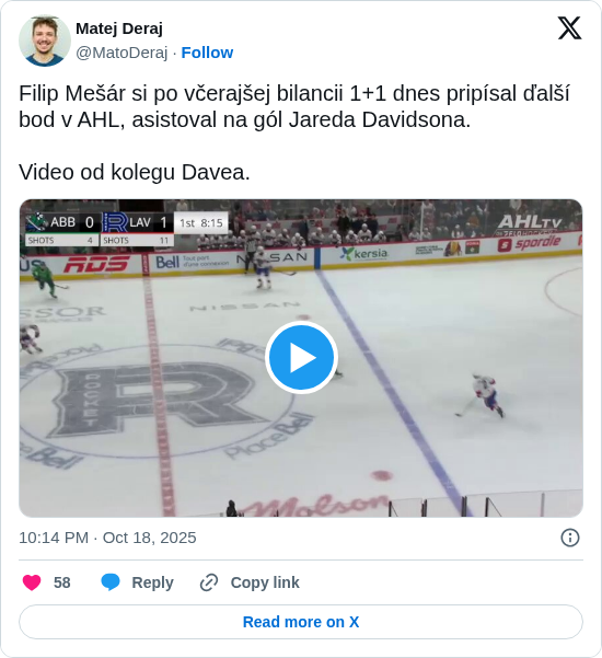 Matej Deraj: Filip Mešár si po včerajšej bilancii 1+1 dnes pripísal ďalší bod v AHL, asistoval na gól Jareda Davidsona.
Video od kolegu Davea.
 https://t.co/bhPpbl6qnb
