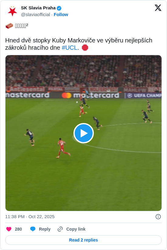 SK Slavia Praha: 🧱 𝐌𝐚𝐫𝐤𝐲²
Hned dvě stopky Kuby Markoviče ve výběru nejlepších zákroků hracího dne #UCL. 🛑 
https://t.co/ENnS4XOmhQ