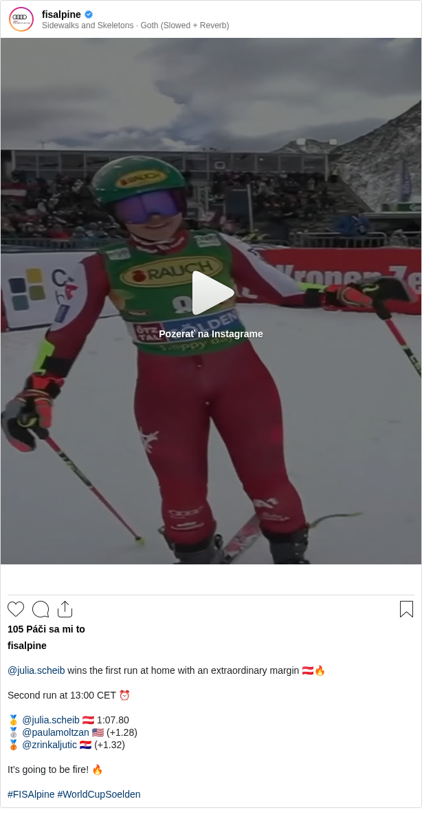 @julia.scheib wins the first run at home with an extraordinary margin 🇦🇹🔥
Second run at 13:00 CET ⏰
🥇 @julia.scheib 🇦🇹 1:07.80
🥈 @paulamoltzan 🇺🇸 (+1.28)
🥉 @zrinkaljutic 🇭🇷 (+1.32)
It’s going to be fire! 🔥
#FISAlpine #WorldCupSoelden
