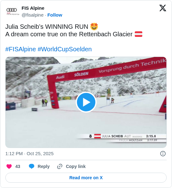 FIS Alpine: Julia Scheib’s WINNING RUN 🤩
A dream come true on the Rettenbach Glacier 🇦🇹
#FISAlpine #WorldCupSoelden https://t.co/uhG5zkf7aO