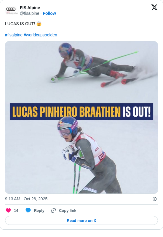 FIS Alpine: LUCAS IS OUT! 🤯
#fisalpine #worldcupsoelden https://t.co/5fCJ2tkrDC