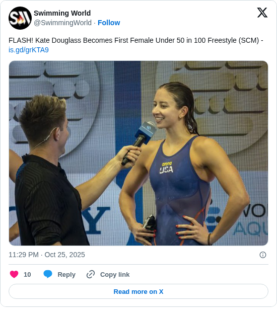 Swimming World: FLASH! Kate Douglass Becomes First Female Under 50 in 100 Freestyle (SCM) - https://t.co/6zWmrBGPYC https://t.co/EctyWNfltA