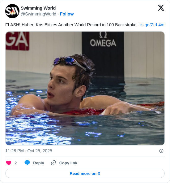 Swimming World: FLASH! Hubert Kos Blitzes Another World Record in 100 Backstroke - https://t.co/Dcm18n8TLc https://t.co/BtYYPL7wYv