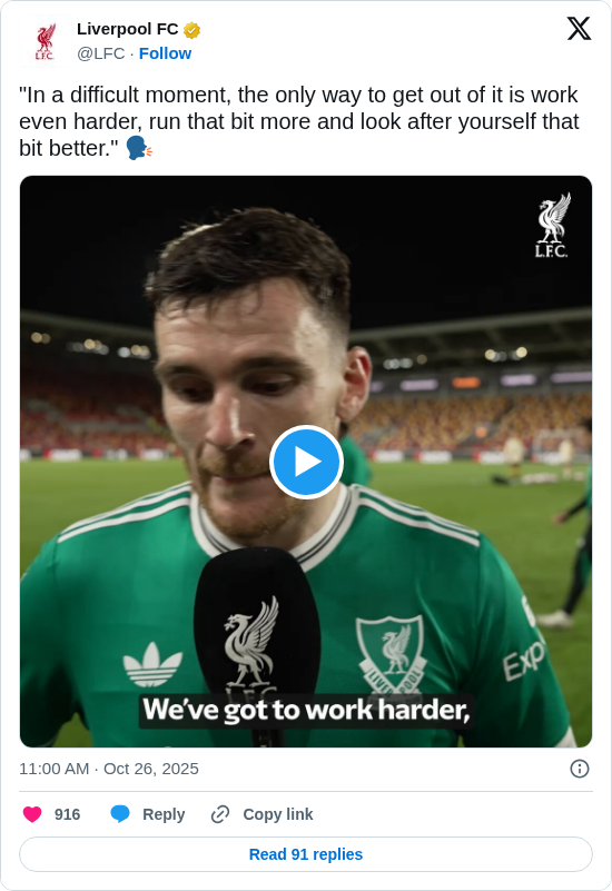 Liverpool FC: "In a difficult moment, the only way to get out of it is work even harder, run that bit more and look after yourself that bit better." 🗣️ https://t.co/IGOylbt79i