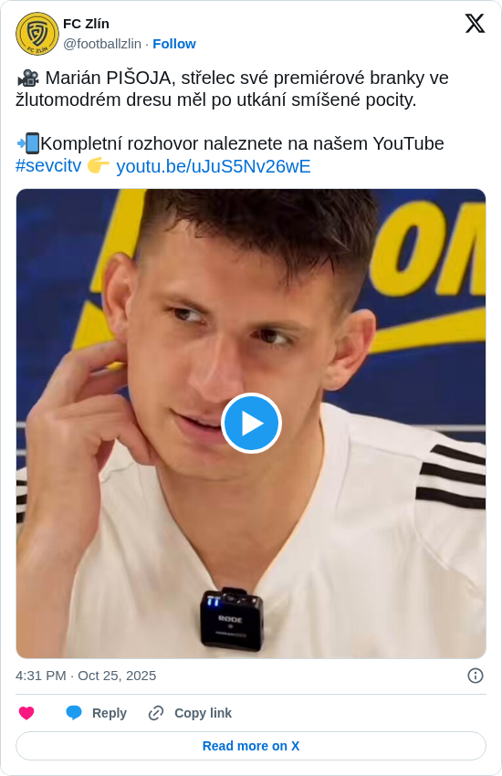 FC Zlín: 🎥 Marián PIŠOJA, střelec své premiérové branky ve žlutomodrém dresu měl po utkání smíšené pocity. 
📲Kompletní rozhovor naleznete na našem YouTube #sevcitv 👉 https://t.co/S5kEMOpXxp https://t.co/P8DTX8BchK