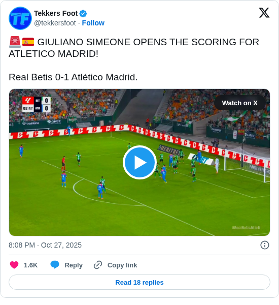 Tekkers Foot: 🚨🇪🇸 GIULIANO SIMEONE OPENS THE SCORING FOR ATLETICO MADRID!
Real Betis 0-1 Atlético Madrid.
https://t.co/as4NnNi3DW