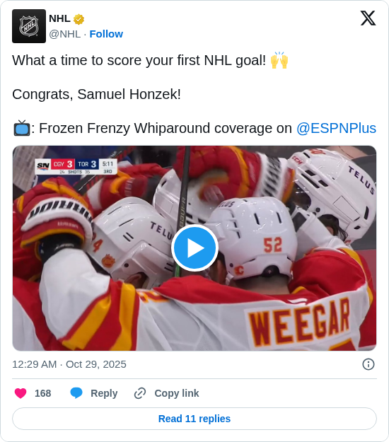 NHL: What a time to score your first NHL goal! 🙌
Congrats, Samuel Honzek! 
📺: Frozen Frenzy Whiparound coverage on @ESPNPlus https://t.co/Q0lpMvJnql