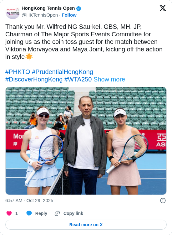 HongKong Tennis Open: Thank you Mr. Wilfred NG Sau-kei, GBS, MH, JP, Chairman of The Major Sports Events Committee for joining us as the coin toss guest for the match between Viktoria Morvayova and Maya Joint, kicking off the action in style🌟
#PHKTO #PrudentialHongKong 
#DiscoverHongKong #WTA250 https://t.co/SGApya1JjP