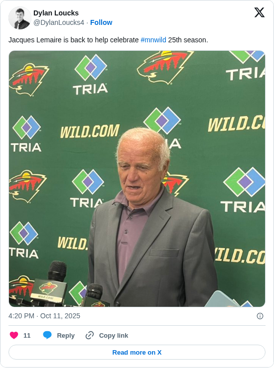 Dylan Loucks: Jacques Lemaire is back to help celebrate #mnwild 25th season. https://t.co/ZhaPU1Xyp7