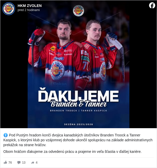 HKM ZVOLEN: ℹ️ Pod Pustým hradom končí dvojica kanadských útočníkov Branden Troock a Tanner Kaspick, s ktorými klub po vzájomnej dohode ukončil spoluprácu na základe administratívnych prekážok na strane hráčov.
 Obom hráčom ďakujeme za odvedenú prácu a prajeme im veľa šťastia v ďalšej kariére.