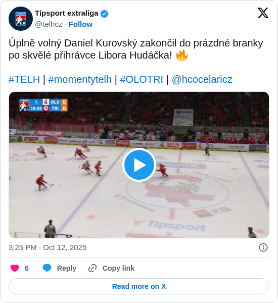 Tipsport extraliga: Úplně volný Daniel Kurovský zakončil do prázdné branky po skvělé přihrávce Libora Hudáčka! 🔥
#TELH | #momentytelh | #OLOTRI | @hcocelaricz https://t.co/5pMUvKvYZP