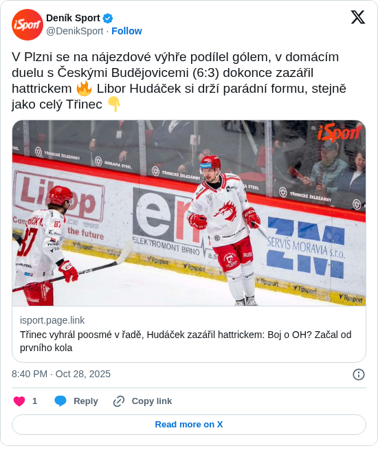 Deník Sport: V Plzni se na nájezdové výhře podílel gólem, v domácím duelu s Českými Budějovicemi (6:3) dokonce zazářil hattrickem 🔥 Libor Hudáček si drží parádní formu, stejně jako celý Třinec 👇
https://t.co/BeMtemmX4J