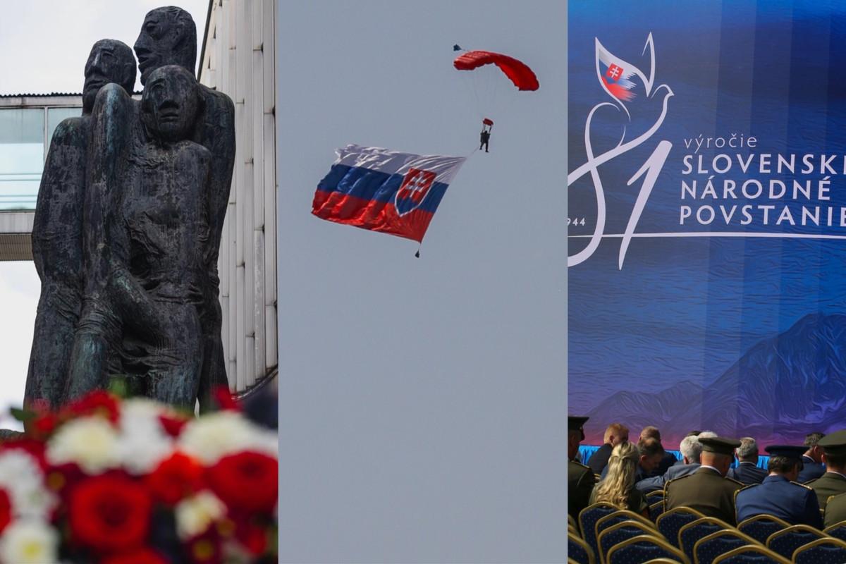 From left: the Obete varujú (Victims Warn) monument; a parachute at the SNP commemoration; guests in front of the stage in Banská Bystrica.