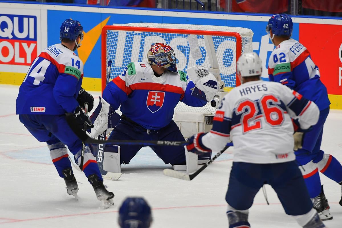 Na snímke uprostred slovenský brankár Samuel Hlavaj, v popredí americký útočník Kevin Hayes, vpravo slovenský obranca Martin Fehérváry.