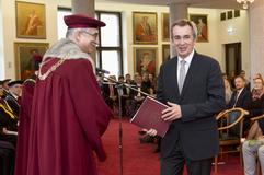 The Rector of Comenius University Karol Mičieta (l) and a fellow of its Medical Faculty, Dušan Hirjak, presented awardsto students and postgrads on International Students' Day (November 17).  