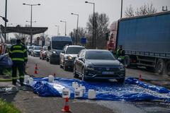 На знімку — дезінфекційний бар'єр для транспортних засобів, що в'їжджають до Словаччини з Угорщини через прикордонний пункт Rusovce – Rajka в Братиславі 27 березня 2025 року. Захід запроваджено в межах суворих заходів через поширення високозаразного захворювання — ящуру.